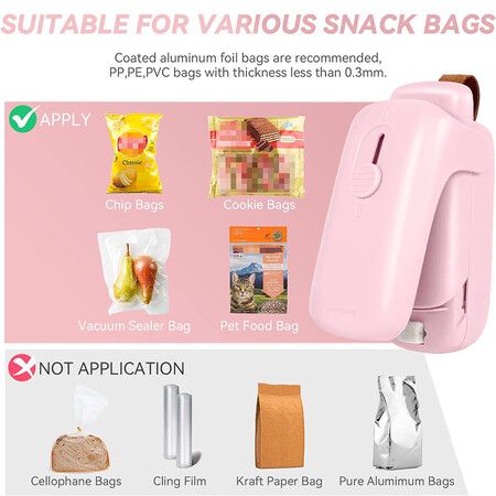 Handheld Thermal Vacuum Sealer, 2 in 1 Heat Sealer and Cutter with Drawstring, Portable Bag Resealer Machine for Plastic Bags, Food Storage, Snacks,Pink