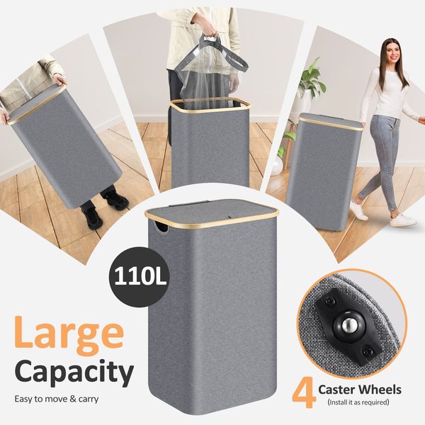 Laundry Basket 110L Large Hamper Washing Bag Collapsible Dirty Clothes Organizer Bin with Lid Wheels Rolling Storage Bathroom