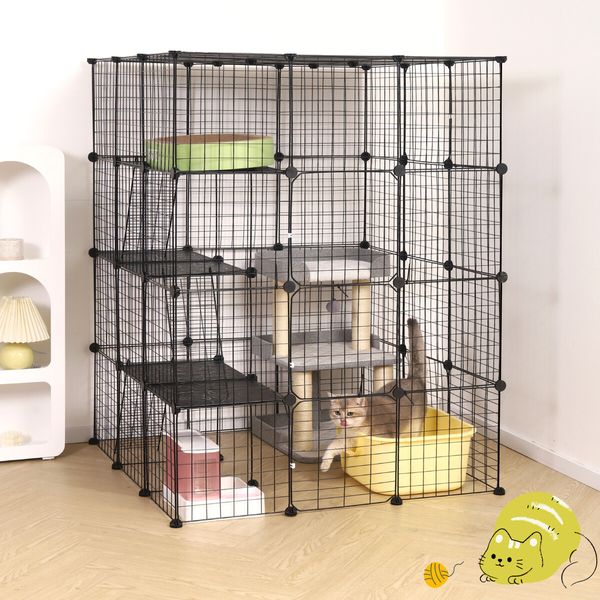 4 Tier Cat Enclosure Cage House XL DIY Metal Rabbit Hutch Ferret Bunny Crate Kitten Fence Kennel Playpen 3 Platforms 3 Ramps