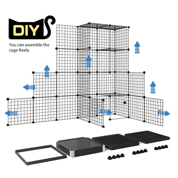 4 Tier Cat Enclosure Cage House XL DIY Metal Rabbit Hutch Ferret Bunny Crate Kitten Fence Kennel Playpen 3 Platforms 3 Ramps