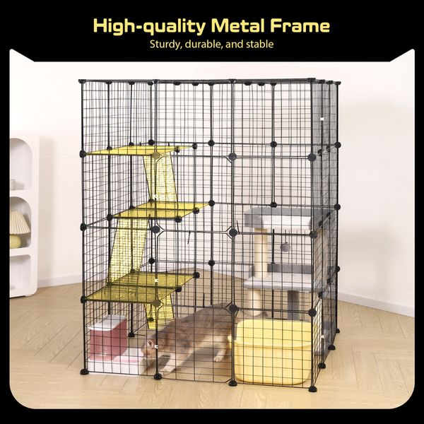 4 Tier Cat Enclosure Cage House XL DIY Metal Rabbit Hutch Ferret Bunny Crate Kitten Fence Kennel Playpen 3 Platforms 3 Ramps