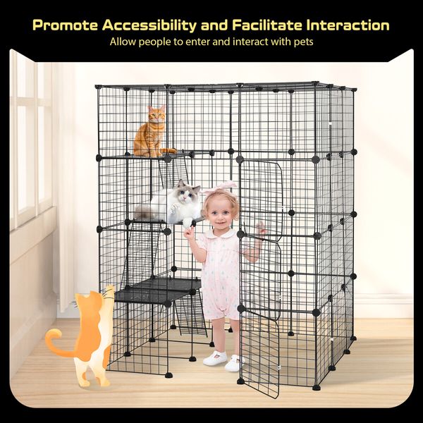 4 Tier Cat Enclosure Cage House XL DIY Metal Rabbit Hutch Ferret Bunny Crate Kitten Fence Kennel Playpen 3 Platforms 3 Ramps