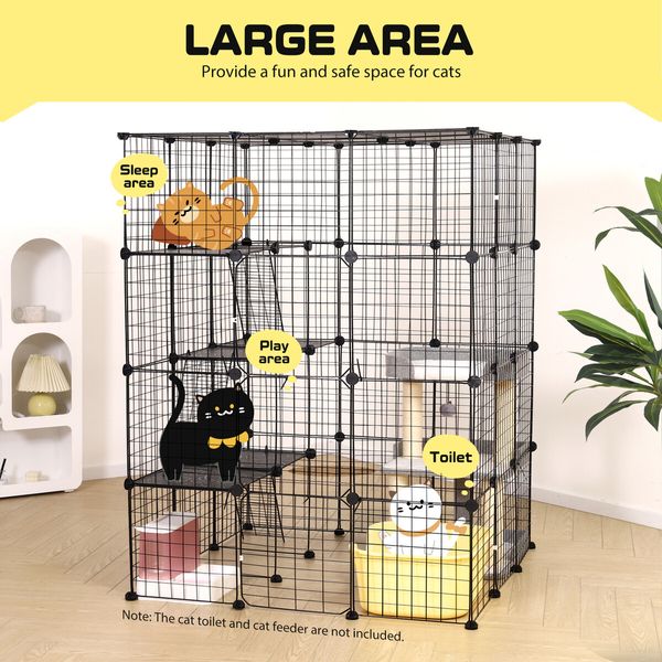 4 Tier Cat Enclosure Cage House XL DIY Metal Rabbit Hutch Ferret Bunny Crate Kitten Fence Kennel Playpen 3 Platforms 3 Ramps