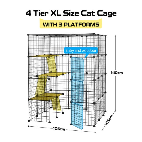 4 Tier Cat Enclosure Cage House XL DIY Metal Rabbit Hutch Ferret Bunny Crate Kitten Fence Kennel Playpen 3 Platforms 3 Ramps