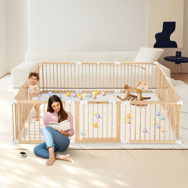 Kidbot Baby Playpen 10 Panel Wooden Safety Gate Kids Pet Dog Activity Centre Fence Play Yard Pen Travel Foldable Guard