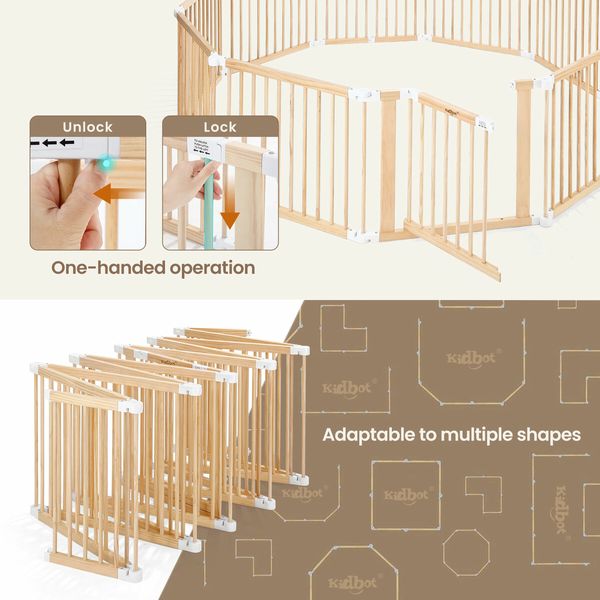 Kidbot Baby Playpen 10 Panel Wooden Safety Gate Kids Pet Dog Activity Centre Fence Play Yard Pen Travel Foldable Guard