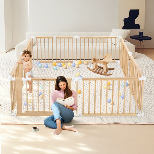 Kidbot Baby Playpen Gate 8 Panel Kids Pet Dog Wooden Safety Fence Activity Centre Play Yard Pen Foldable Travel Guard