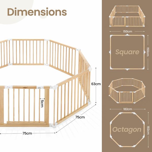 Kidbot Baby Playpen Gate 8 Panel Kids Pet Dog Wooden Safety Fence Activity Centre Play Yard Pen Foldable Travel Guard