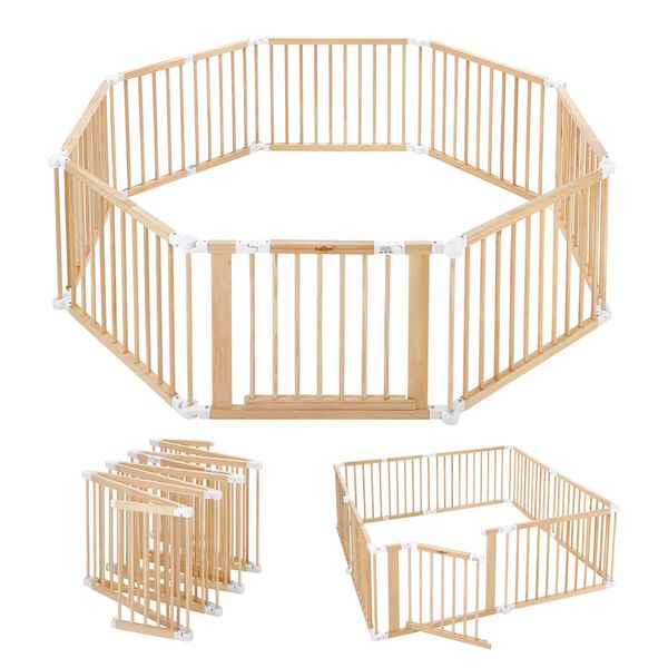 Kidbot Baby Playpen Gate 8 Panel Kids Pet Dog Wooden Safety Fence Activity Centre Play Yard Pen Foldable Travel Guard