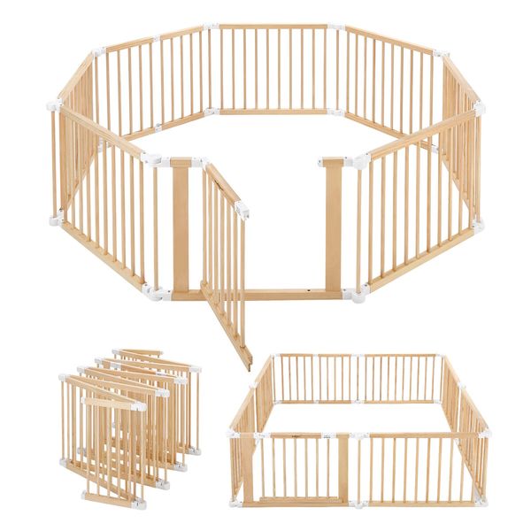 Kidbot Baby Playpen Gate 8 Panel Kids Pet Dog Wooden Safety Fence Activity Centre Play Yard Pen Foldable Travel Guard