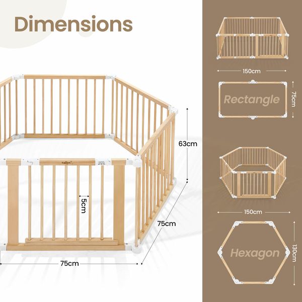 Kidbot Baby Playpen 6 Panel Kids Wooden Safety Gate Pet Dog Fence Activity Centre Play Pen Yard Foldable Travel Guard