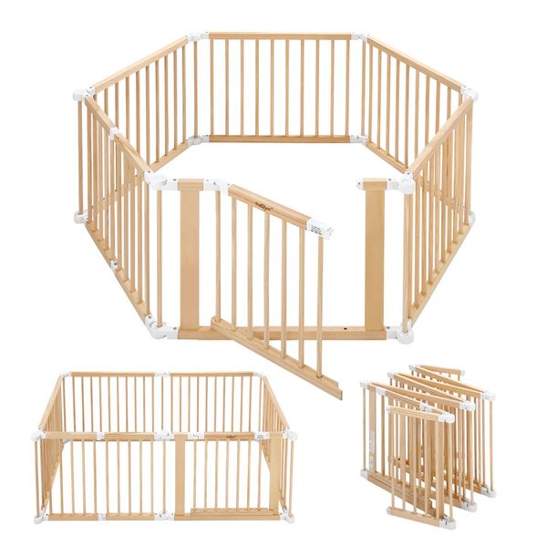 Kidbot Baby Playpen 6 Panel Kids Wooden Safety Gate Pet Dog Fence Activity Centre Play Pen Yard Foldable Travel Guard