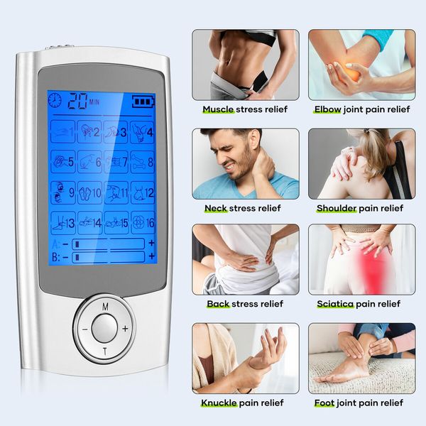 TENS EMS Muscle Stimulator Electric Massager Machine Portable Back Neck Nerve Knee Massage Device Rechargeable Unit 16 Modes