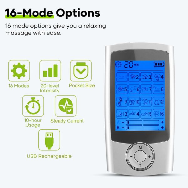 TENS EMS Muscle Stimulator Electric Massager Machine Portable Back Neck Nerve Knee Massage Device Rechargeable Unit 16 Modes