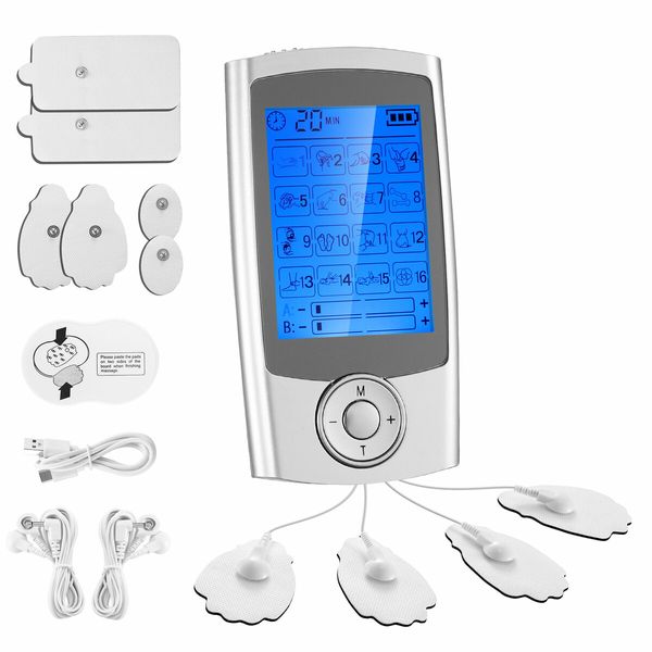 TENS EMS Muscle Stimulator Electric Massager Machine Portable Back Neck Nerve Knee Massage Device Rechargeable Unit 16 Modes