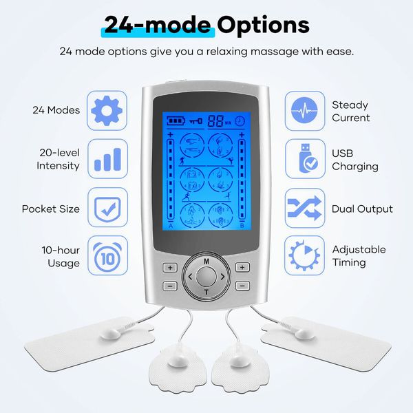 TENS EMS Muscle Stimulator Machine Electric Portable Back Neck Massager Nerve Knee Rechargeable Massage Unit Device 24 Modes