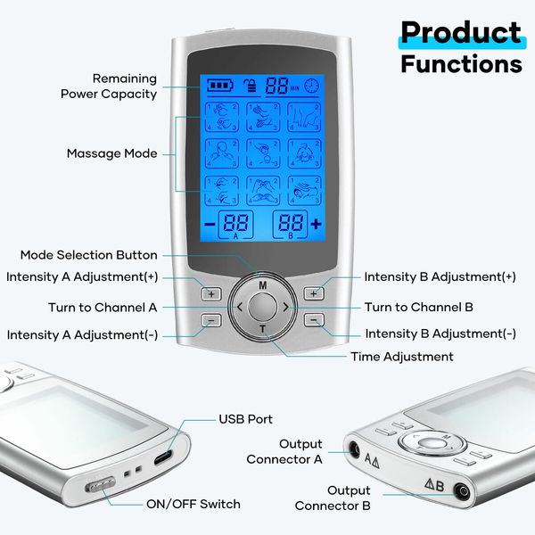 TENS EMS Muscle Stimulator Electric Rechargeable Massager Machine Portable Neck Back Knee Nerve Massage Unit Device 36 Modes