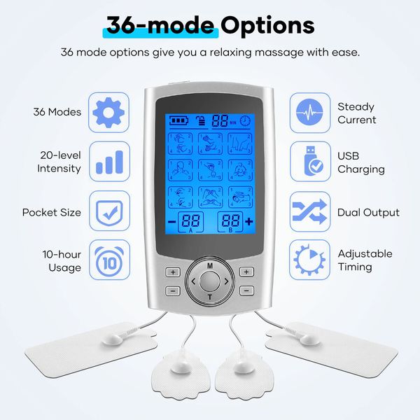 TENS EMS Muscle Stimulator Electric Rechargeable Massager Machine Portable Neck Back Knee Nerve Massage Unit Device 36 Modes