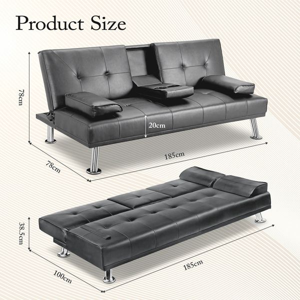 3 Seater Sofa Bed Couch Lounge Futon Mattress Guest Beds PU Leather Recliner Daybed Armchair Folding with Cup Holders