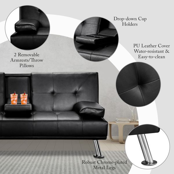 Sofa Bed Couch Lounge Futon Mattress 3 Seater Leather Recliner with Cup Holders Armchair Daybed Folding Guest Beds Black