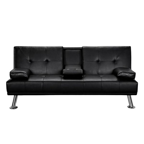 Sofa Bed Couch Lounge Futon Mattress 3 Seater Leather Recliner with Cup Holders Armchair Daybed Folding Guest Beds Black