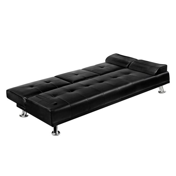 Sofa Bed Couch Lounge Futon Mattress 3 Seater Leather Recliner with Cup Holders Armchair Daybed Folding Guest Beds Black