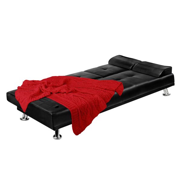 Sofa Bed Couch Lounge Futon Mattress 3 Seater Leather Recliner with Cup Holders Armchair Daybed Folding Guest Beds Black