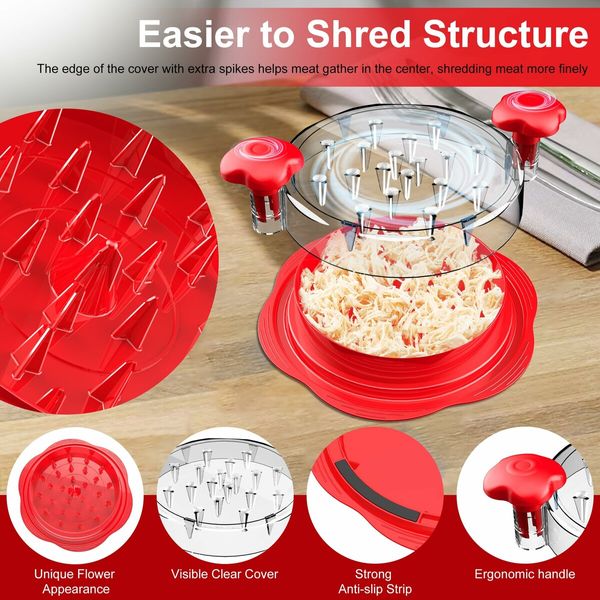 Large Meat Shredder Tool Chicken Pork Beef Twist BPA Free with Ergonomic Handle Anti-Slip Strip Accessories Red