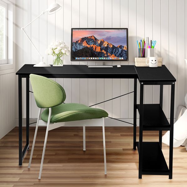 L Shape Computer Desk Black PC Gaming Writing Study Corner Table Home Office Workstation Reversible Storage Shelf 120cm