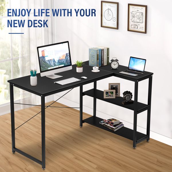 L Shape Computer Desk Black PC Gaming Writing Study Corner Table Home Office Workstation Reversible Storage Shelf 120cm