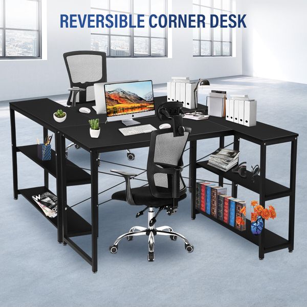 L Shape Computer Desk Black PC Gaming Writing Study Corner Table Home Office Workstation Reversible Storage Shelf 120cm