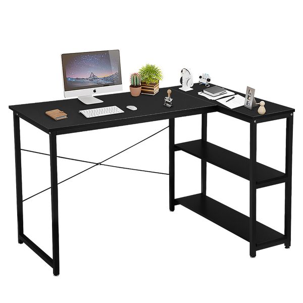 L Shape Computer Desk Black PC Gaming Writing Study Corner Table Home Office Workstation Reversible Storage Shelf 120cm