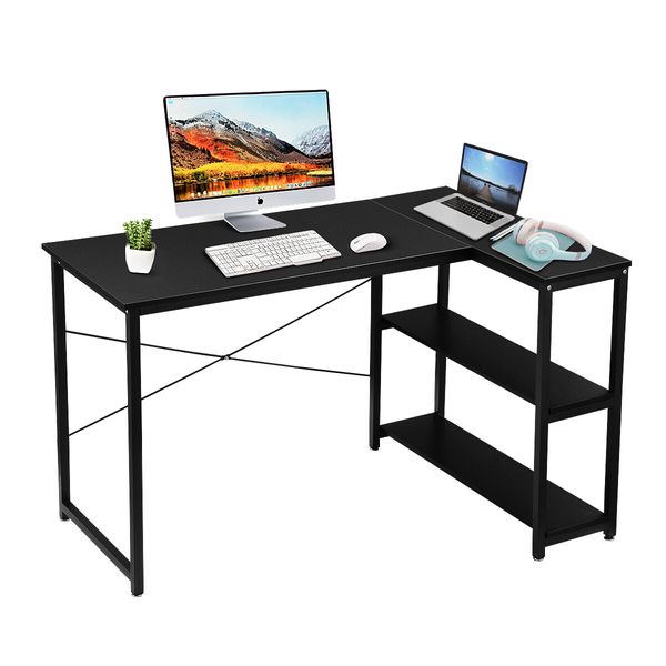 L Shape Computer Desk Black PC Gaming Writing Study Corner Table Home Office Workstation Reversible Storage Shelf 120cm