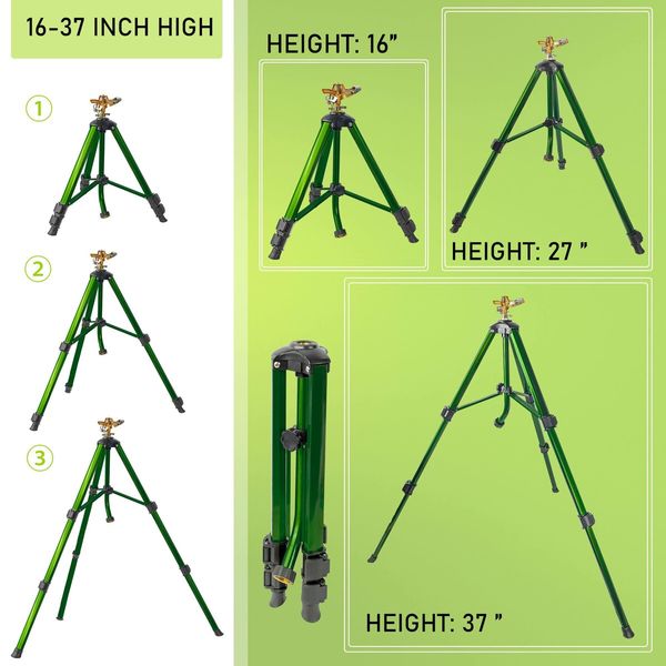 Impact Sprinkler on Tripod Base,Heavy Duty Brass Sprinklers,0-360 Degree Large Area Coverage,3/4 Inch Connector Extension Legs Flip Locks with Brass Sprinkler Head