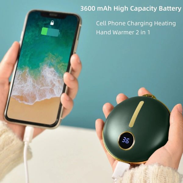 2 In 1 Portable Hand Warmer Rechargeable Pocket Heater with Digital Display for Camping Hunting Mans Woman Winter Gifts,Green