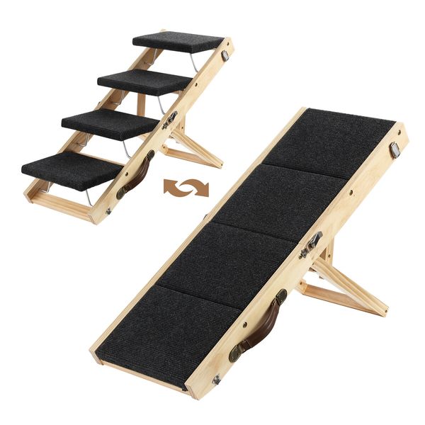 2in1 Pet Stairs Ramp Staircase Foldable 4 Steps Dog Wooden Ladder for Bed Car Couch with Non Slip Carpet