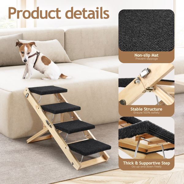 2in1 Pet Stairs Ramp Staircase Foldable 4 Steps Dog Wooden Ladder for Bed Car Couch with Non Slip Carpet