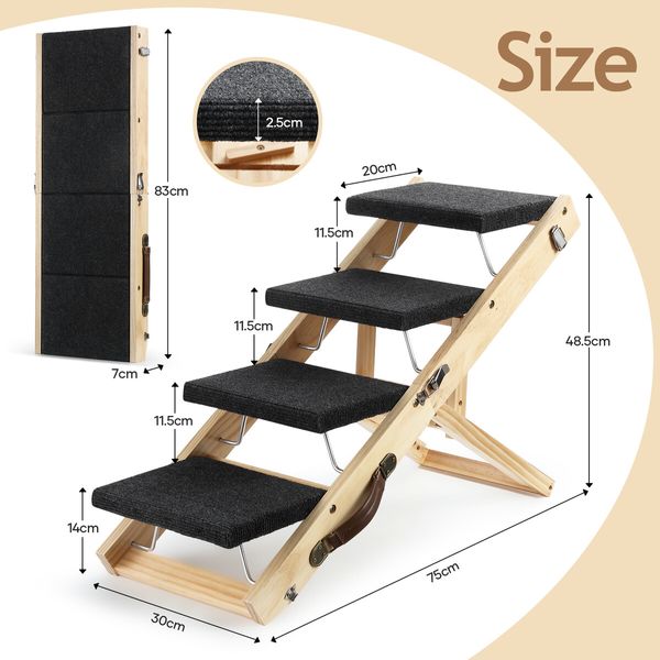 2in1 Pet Stairs Ramp Staircase Foldable 4 Steps Dog Wooden Ladder for Bed Car Couch with Non Slip Carpet