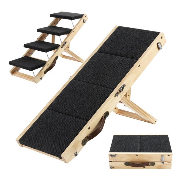 2in1 Pet Stairs Ramp Staircase Foldable 4 Steps Dog Wooden Ladder for Bed Car Couch with Non Slip Carpet