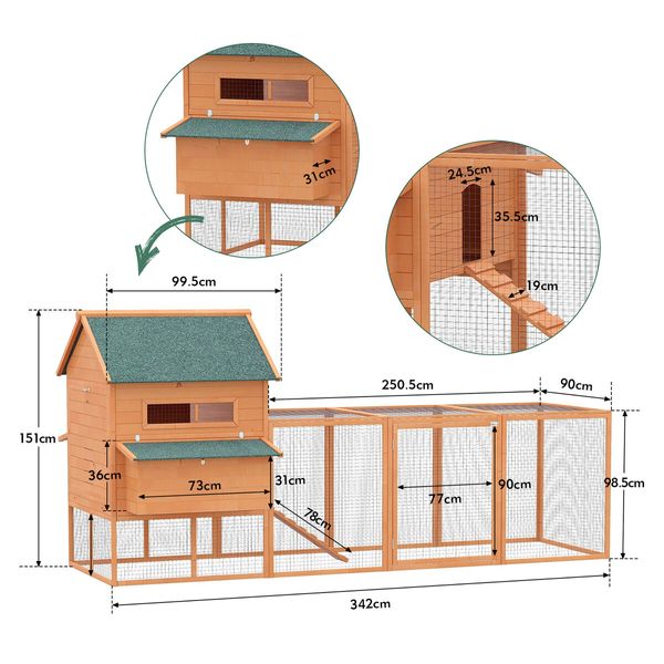 XXL Chicken Run Coop Wooden Hen Cage House Chook Pen Rabbit Hutch Fence Nesting Boxes Ramp 342x160x151cm