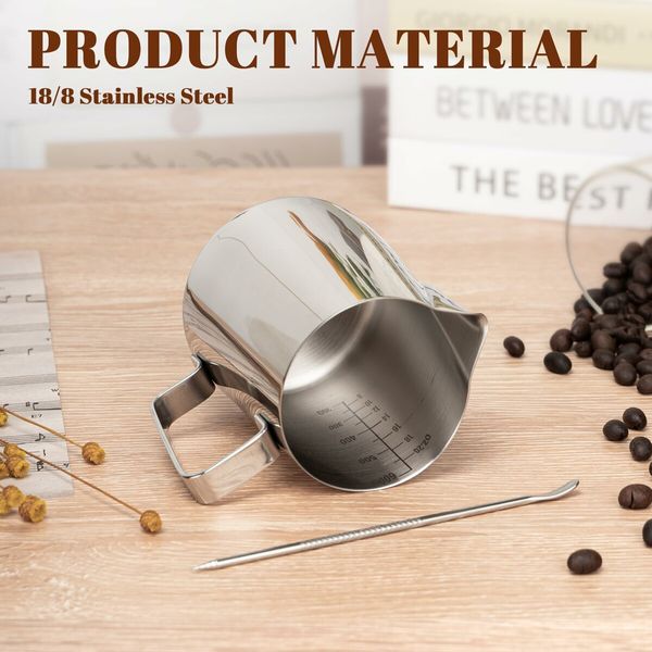 Milk Frothing Pitcher,20oz Milk Frother Cup with Clear Scale,304 Stainless Steel Cappuccino Espresso Machine Accessories for Barista Coffee Bar with Latte Art Pen,Silver