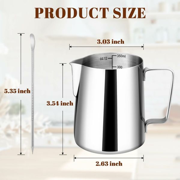 Milk Frothing Pitcher,12oz Milk Frother Cup with Clear Scale,Cappuccino Espresso Machine Accessories for Barista Coffee Bar with Latte Art Pen,Silver