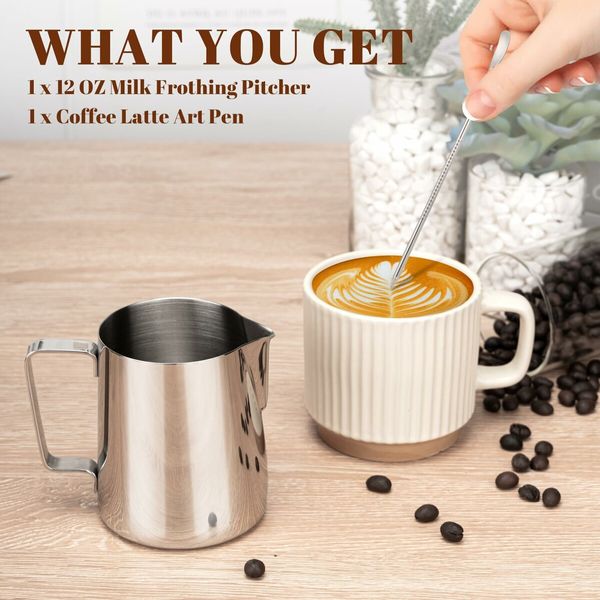 Milk Frothing Pitcher,12oz Milk Frother Cup with Clear Scale,Cappuccino Espresso Machine Accessories for Barista Coffee Bar with Latte Art Pen,Silver