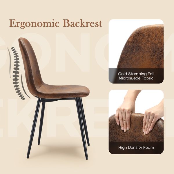 4pcs Dining Chair Set Lounge Seat Accent Kitchen Living Room Cafe Fabric Suede Side Desk Seating Backrest Metal Legs Brown