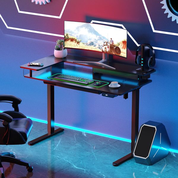 LED Gaming Standing Desk Sit Stand Up Table Electric Motorised Height Adjustable Carbon Fiber RGB Light Monitor Shelf Drawer