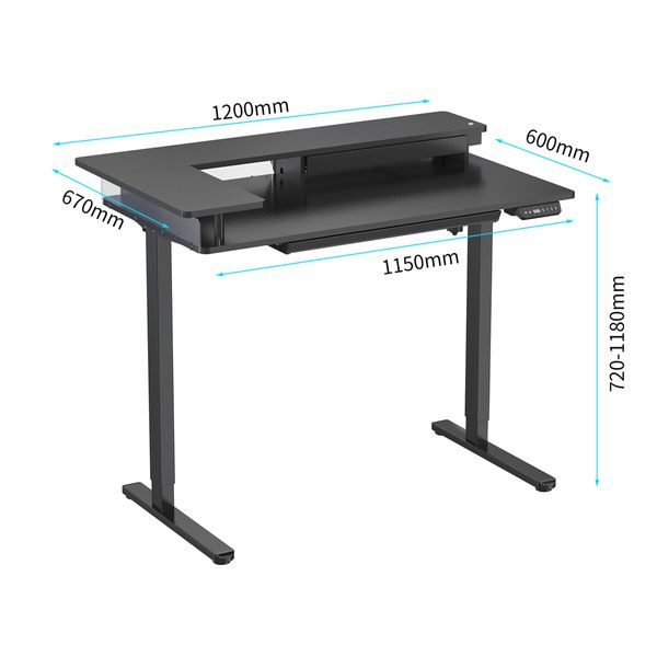 LED Gaming Standing Desk Sit Stand Up Table Electric Motorised Height Adjustable Carbon Fiber RGB Light Monitor Shelf Drawer