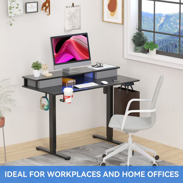 Electric Standing Desk Computer Sit Stand Up Table Height Adjustable LED RGB Light Storage Drawers Motorised Monitor Shelf Black