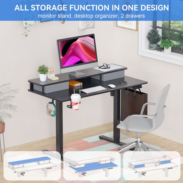 Electric Standing Desk Computer Sit Stand Up Table Height Adjustable LED RGB Light Storage Drawers Motorised Monitor Shelf Black