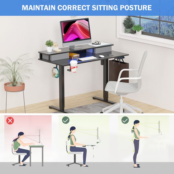 Electric Standing Desk Computer Sit Stand Up Table Height Adjustable LED RGB Light Storage Drawers Motorised Monitor Shelf Black