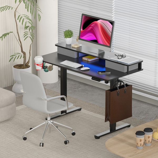 Electric Standing Desk Computer Sit Stand Up Table Height Adjustable LED RGB Light Storage Drawers Motorised Monitor Shelf Black